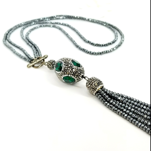 Green Crystal Gem Hematite Tassel Choker NWT - Picture 2 of 10